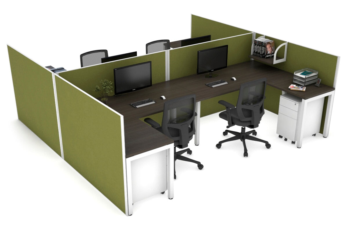 Quadro Square leg 4 Person Corner Workstations - H Configuration - White Frame [1400L x 1800W with Cable Scallop] Jasonl dark oak green moss none
