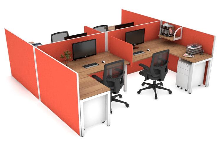 Quadro Square leg 4 Person Corner Workstations - H Configuration - White Frame [1400L x 1800W with Cable Scallop] Jasonl salvage oak squash orange biscuit panel