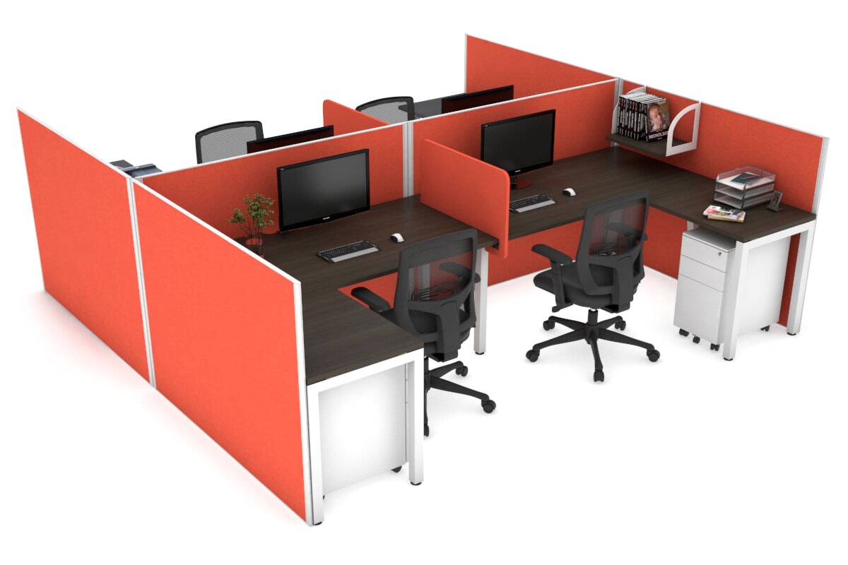 Quadro Square leg 4 Person Corner Workstations - H Configuration - White Frame [1400L x 1800W with Cable Scallop] Jasonl dark oak squash orange biscuit panel