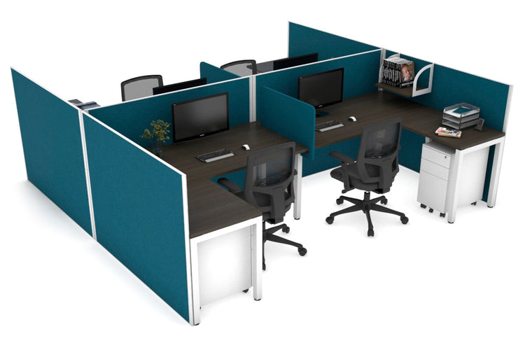 Quadro Square leg 4 Person Corner Workstations - H Configuration - White Frame [1400L x 1800W with Cable Scallop] Jasonl dark oak deep blue biscuit panel