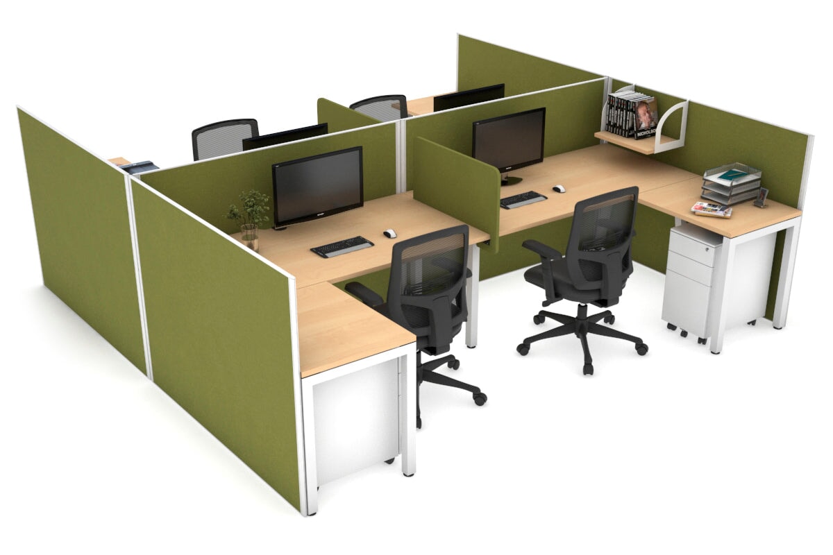 Quadro Square leg 4 Person Corner Workstations - H Configuration - White Frame [1400L x 1800W with Cable Scallop] Jasonl maple green moss biscuit panel