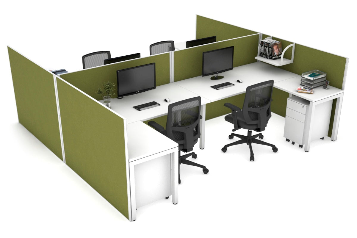Quadro Square leg 4 Person Corner Workstations - H Configuration - White Frame [1400L x 1800W with Cable Scallop] Jasonl white green moss none