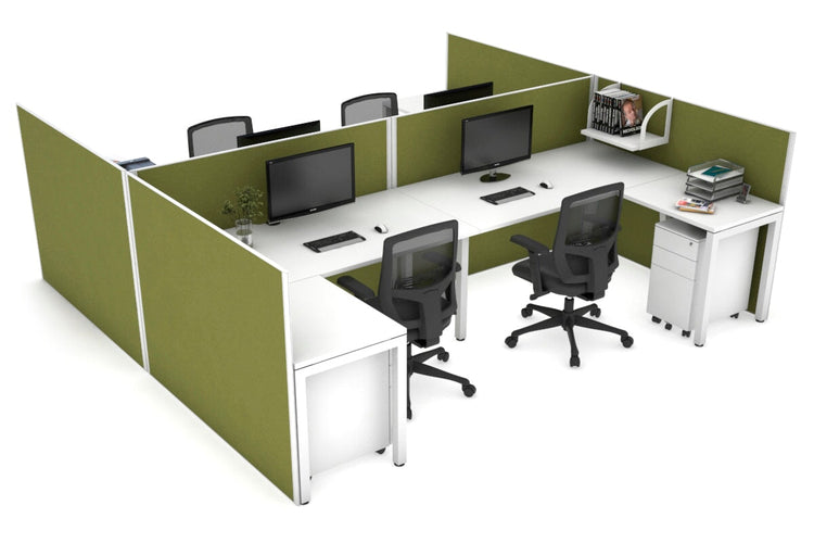 Quadro Square leg 4 Person Corner Workstations - H Configuration - White Frame [1400L x 1800W with Cable Scallop] Jasonl white green moss none