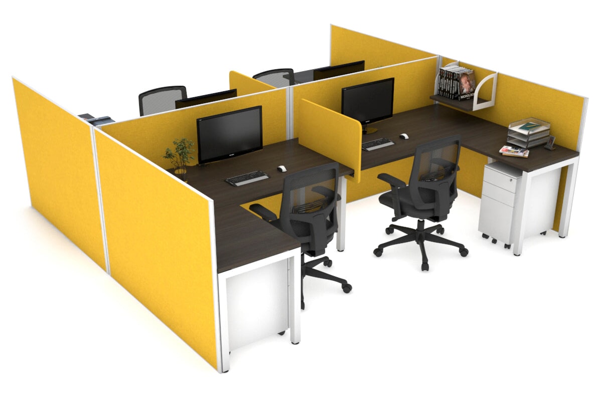 Quadro Square leg 4 Person Corner Workstations - H Configuration - White Frame [1400L x 1800W with Cable Scallop] Jasonl dark oak mustard yellow biscuit panel