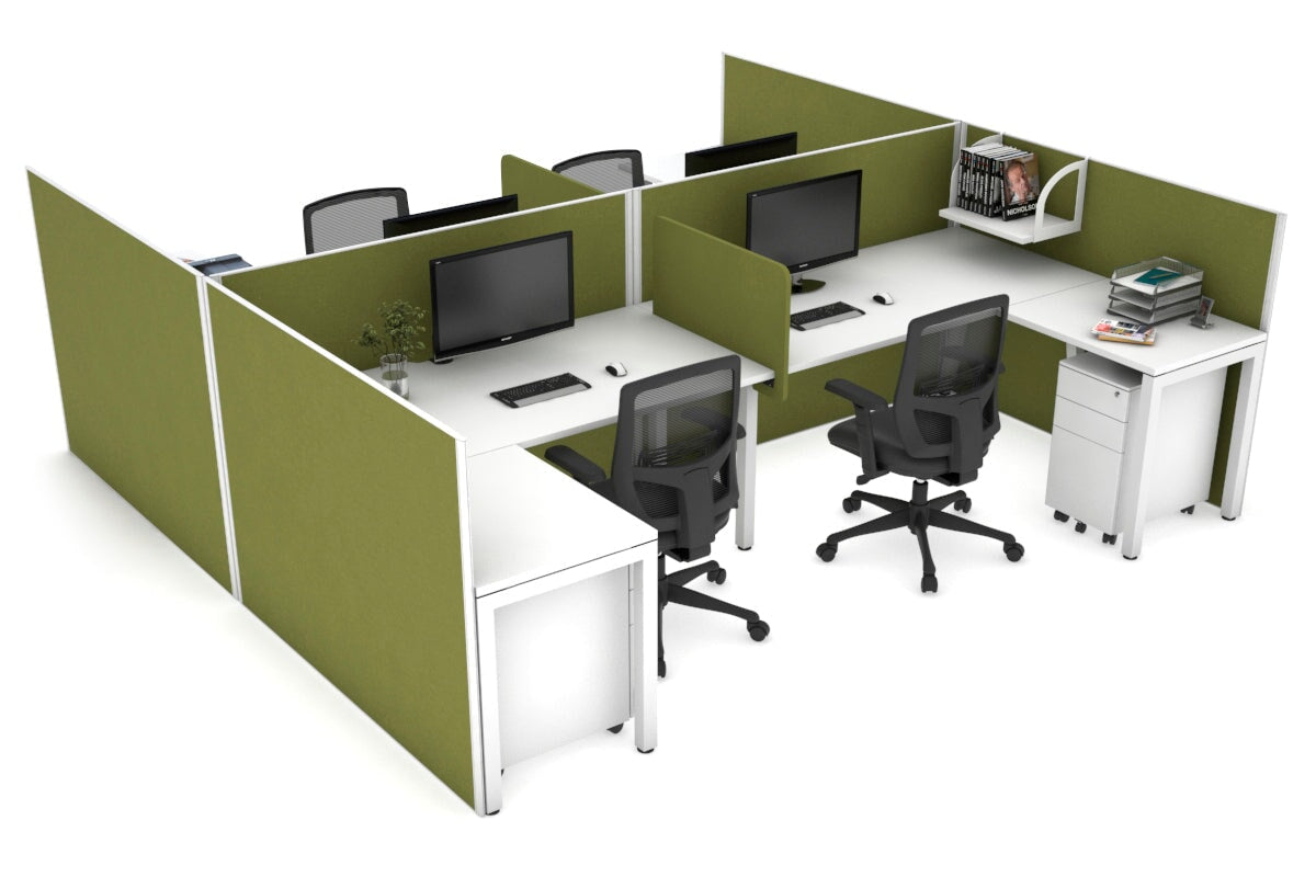 Quadro Square leg 4 Person Corner Workstations - H Configuration - White Frame [1400L x 1800W with Cable Scallop] Jasonl white green moss biscuit panel