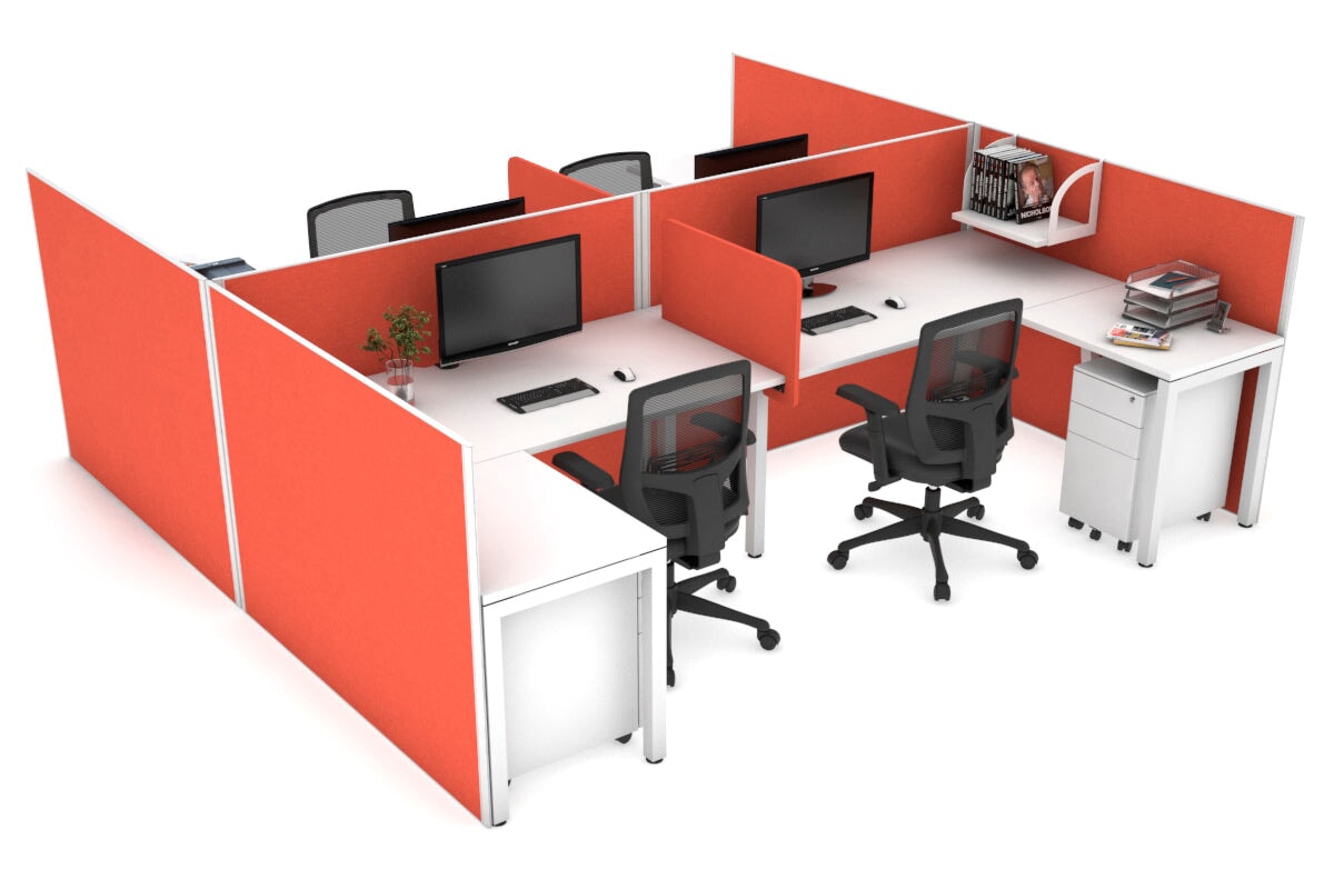 Quadro Square leg 4 Person Corner Workstations - H Configuration - White Frame [1400L x 1800W with Cable Scallop] Jasonl white squash orange biscuit panel