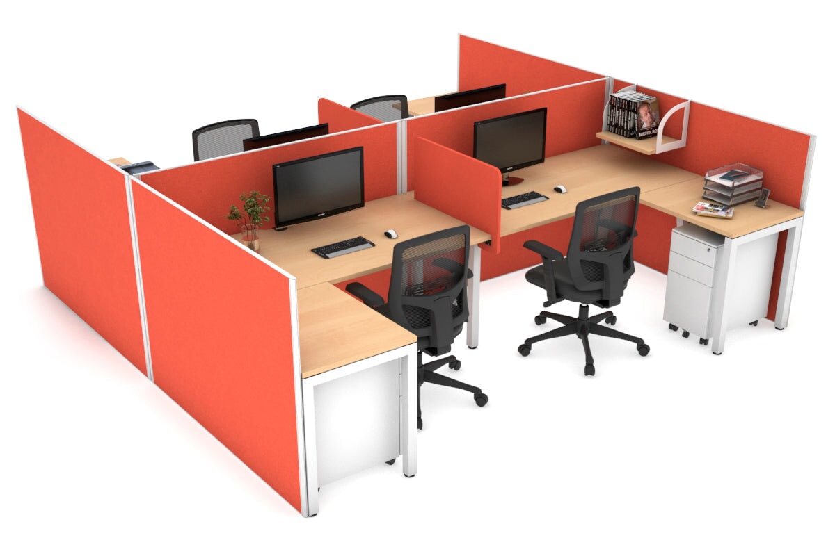 Quadro Square leg 4 Person Corner Workstations - H Configuration - White Frame [1400L x 1800W with Cable Scallop] Jasonl maple squash orange biscuit panel