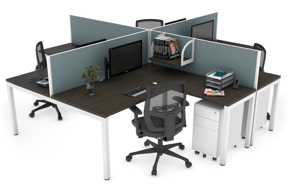 Quadro Square Leg 4 Person Corner Workstations [1600L x 1800W with Cable Scallop] Jasonl white leg dark oak cool grey