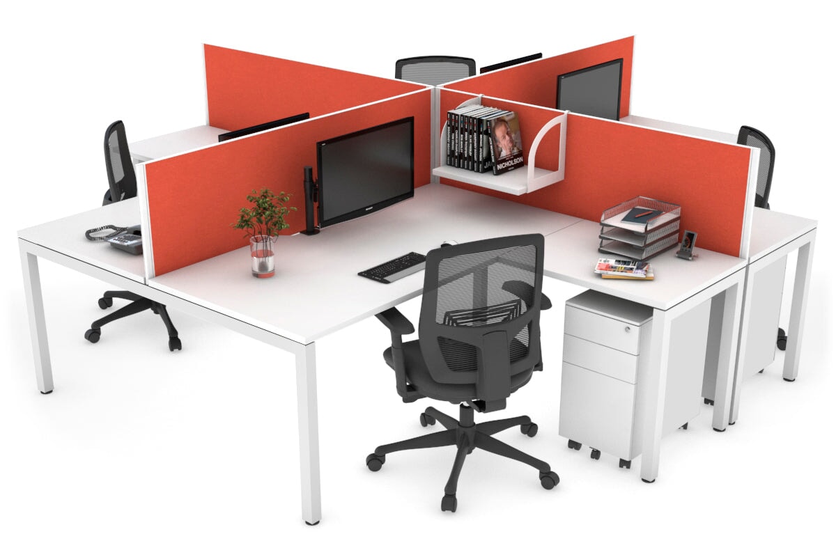Quadro Square Leg 4 Person Corner Workstations [1600L x 1800W with Cable Scallop] Jasonl white leg white squash orange