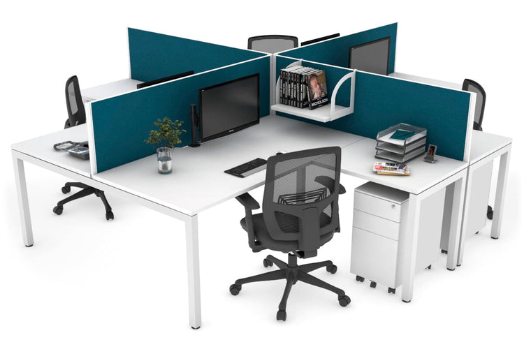 Quadro Square Leg 4 Person Corner Workstations [1600L x 1800W with Cable Scallop] Jasonl white leg white deep blue