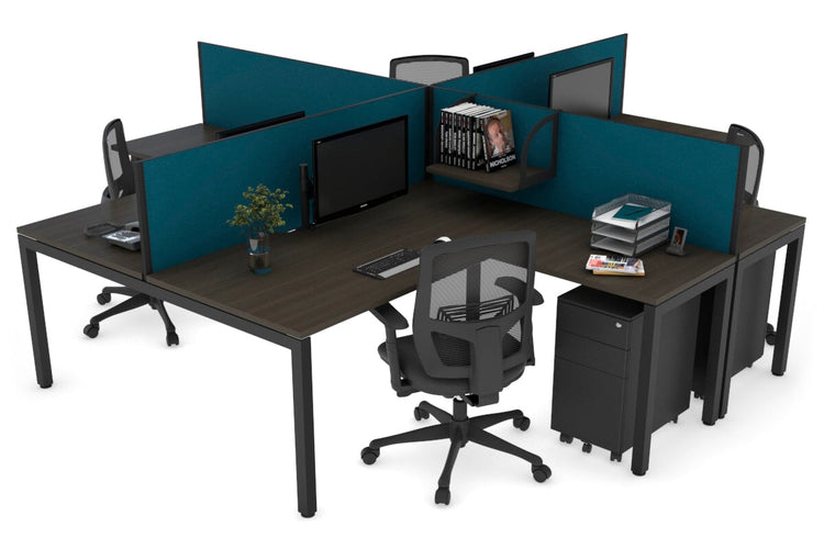 Quadro Square Leg 4 Person Corner Workstations [1600L x 1800W with Cable Scallop] Jasonl black leg dark oak deep blue