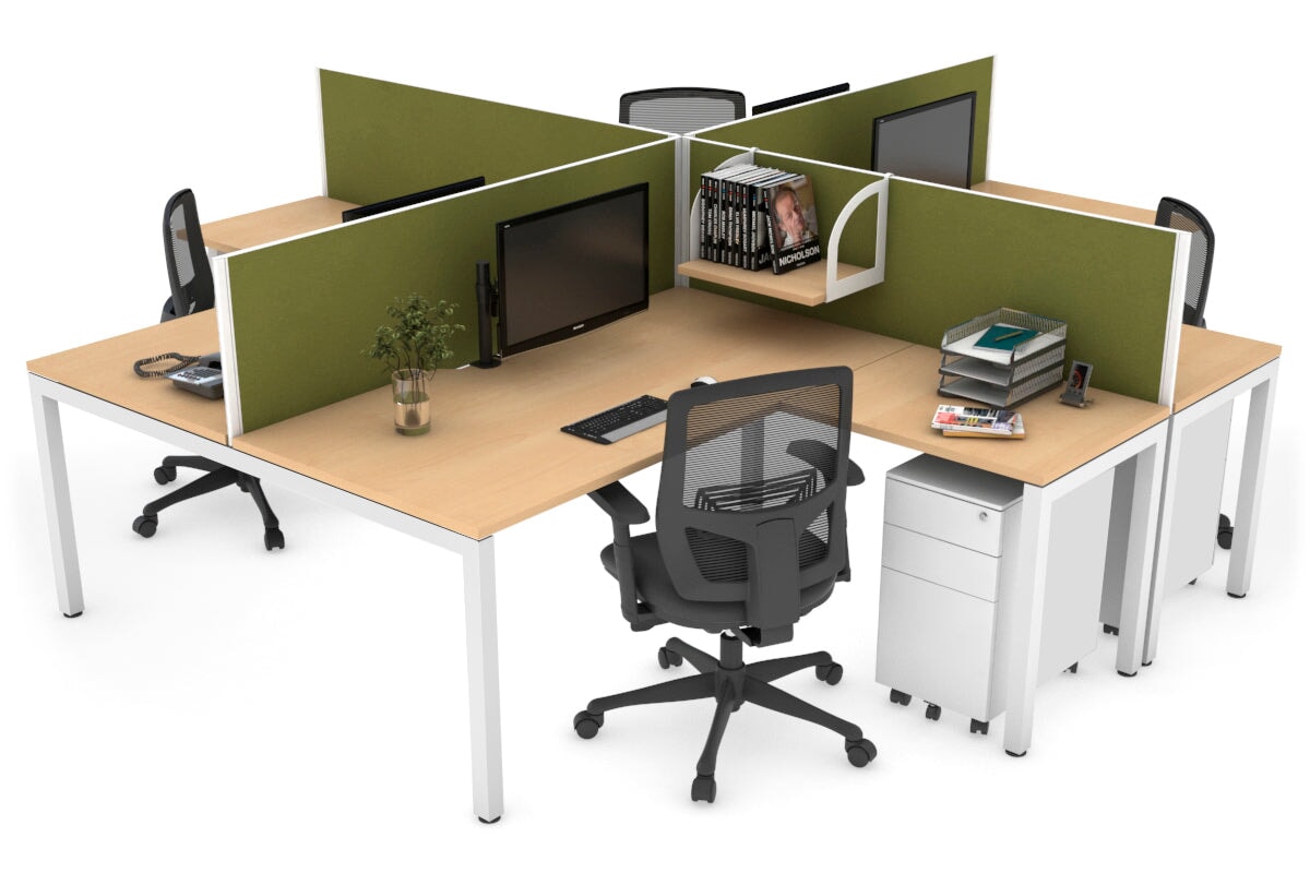 Quadro Square Leg 4 Person Corner Workstations [1600L x 1800W with Cable Scallop] Jasonl white leg maple green moss