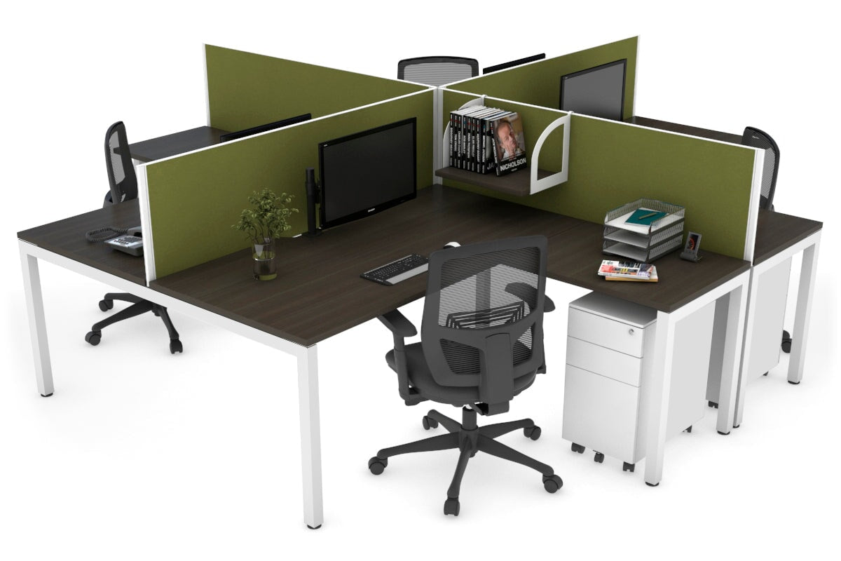 Quadro Square Leg 4 Person Corner Workstations [1600L x 1800W with Cable Scallop] Jasonl white leg dark oak green moss