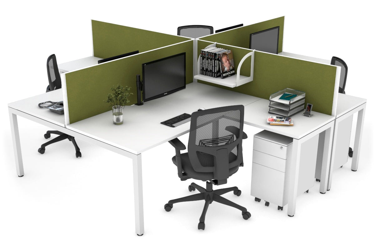 Quadro Square Leg 4 Person Corner Workstations [1800L x 1800W with Cable Scallop] Jasonl white leg white green moss