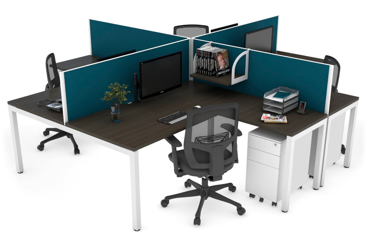 Quadro Square Leg 4 Person Corner Workstations [1800L x 1800W with Cable Scallop] Jasonl white leg dark oak deep blue