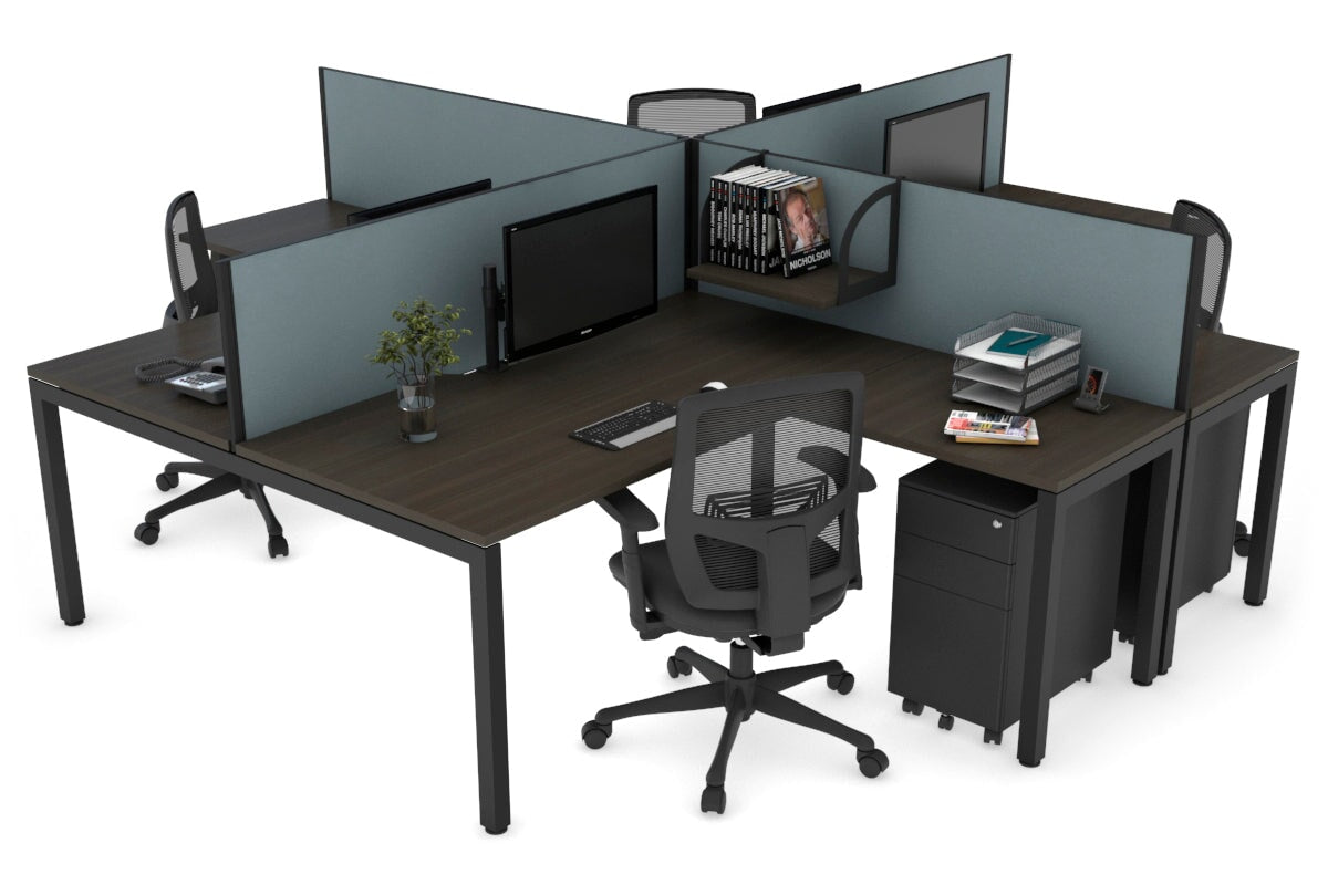 Quadro Square Leg 4 Person Corner Workstations [1800L x 1800W with Cable Scallop] Jasonl black leg dark oak cool grey