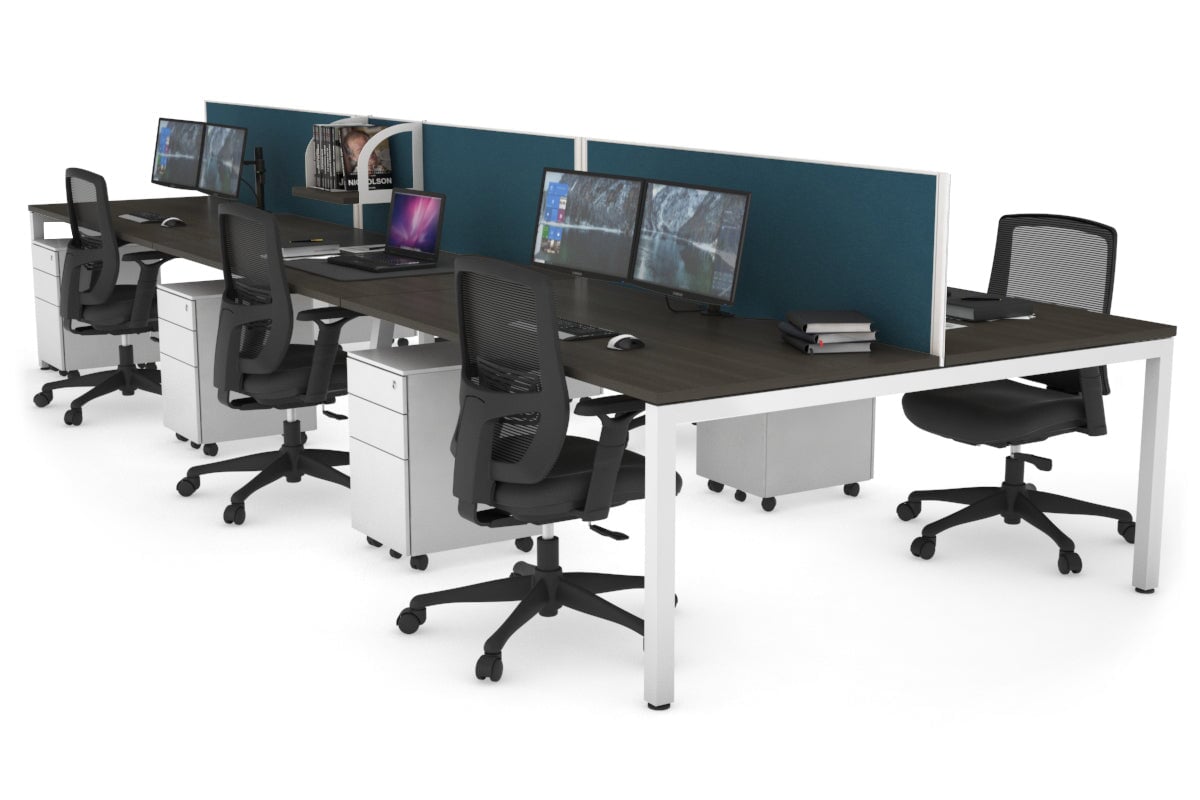 Quadro Square Leg 6 Person Office Workstations [1400L x 800W with Cable Scallop] Jasonl white leg dark oak deep blue (500H x 1200W)