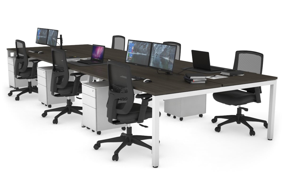 Quadro Square Leg 6 Person Office Workstations [1400L x 800W with Cable Scallop] Jasonl white leg dark oak none