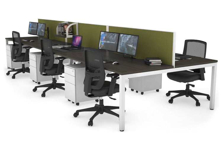 Quadro Square Leg 6 Person Office Workstations [1400L x 800W with Cable Scallop] Jasonl white leg dark oak green moss (500H x 1200W)