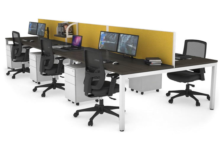 Quadro Square Leg 6 Person Office Workstations [1400L x 800W with Cable Scallop] Jasonl white leg dark oak mustard yellow (500H x 1200W)