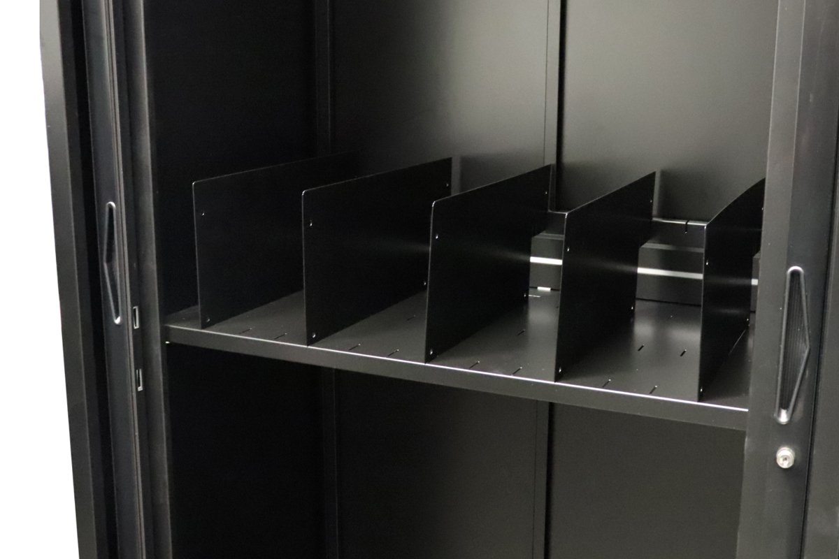 Sonic Tambour Siliding Door Storage Cabinet Metal - Black [1200W x 473D] Sonic 1016H slot shelf divider none