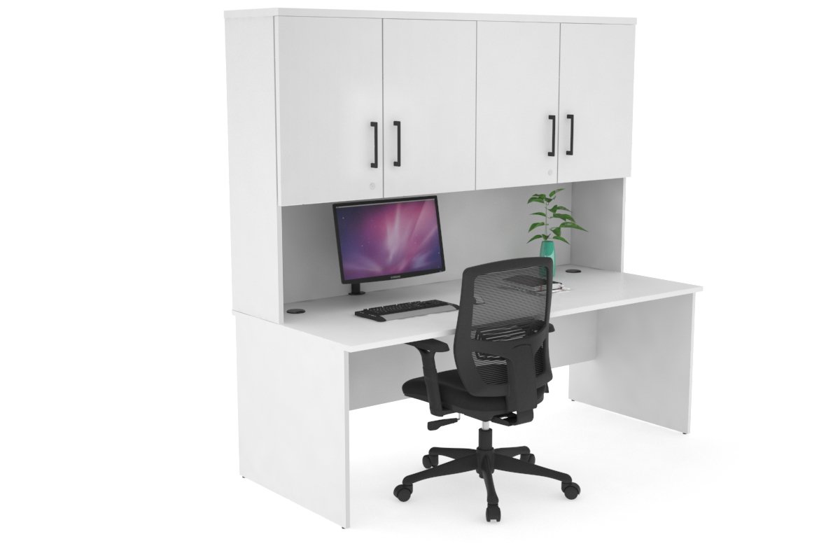 Uniform Panel Desk - Hutch with Doors-White white black handle