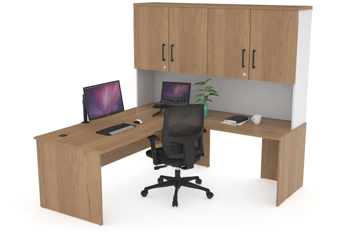 Uniform Panel Return Desk - Hutch with Doors [1600L x 1600W] Jasonl White salvage oak black handle
