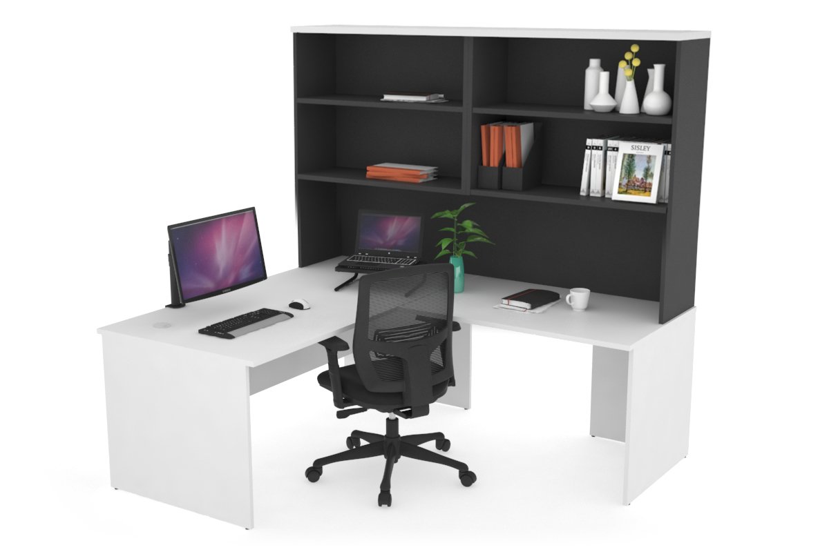 Uniform Panel Return Desk with Open Hutch [1400L x 1600W] Jasonl Black white none