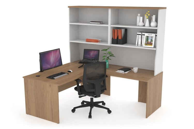 Uniform Panel Return Desk with Open Hutch [1400L x 1600W] Jasonl White salvage oak none