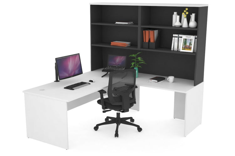 Uniform Panel Return Desk with Open Hutch [1600L x 1600W] Jasonl Black white none