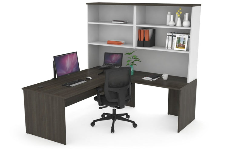 Uniform Panel Return Desk with Open Hutch [1600L x 1600W] Jasonl White dark oak white metal