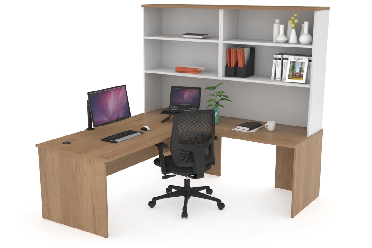 Uniform Panel Return Desk with Open Hutch [1600L x 1600W] Jasonl White salvage oak none