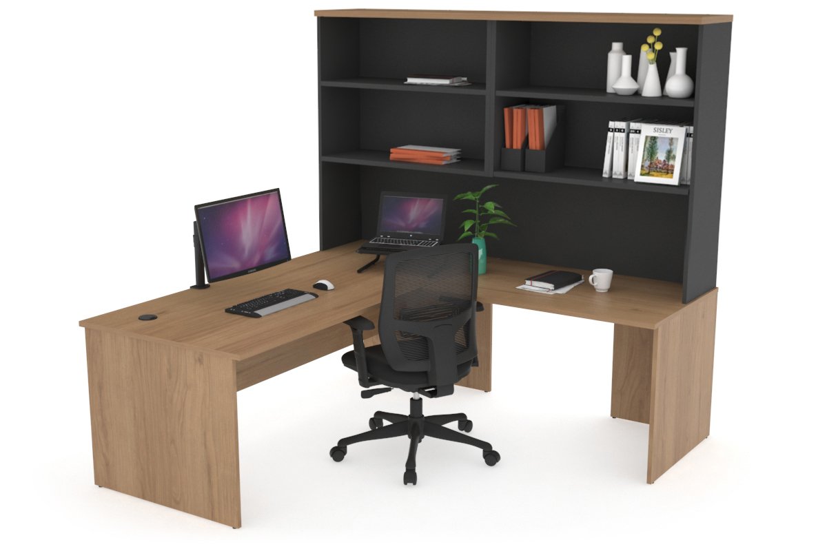 Uniform Panel Return Desk with Open Hutch [1600L x 1600W] Jasonl Black salvage oak none