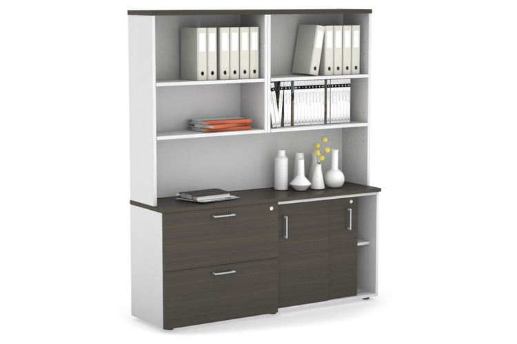Uniform Sliding 2 Door Credenza and 2 Drawer Lateral File Unit with Open Hutch Jasonl White dark oak silver handle