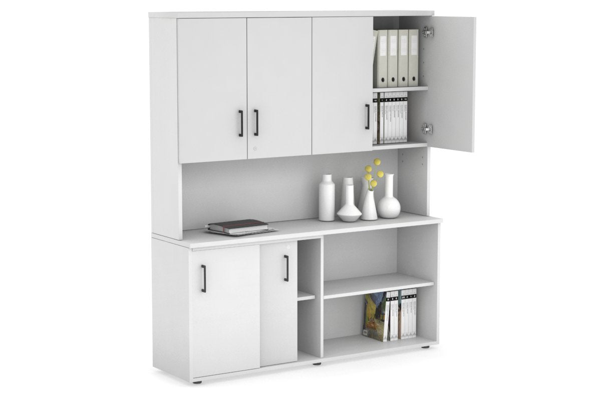 Uniform Sliding 2 Door Credenza and Open Storage Unit - Hutch with Doors-White white black handle