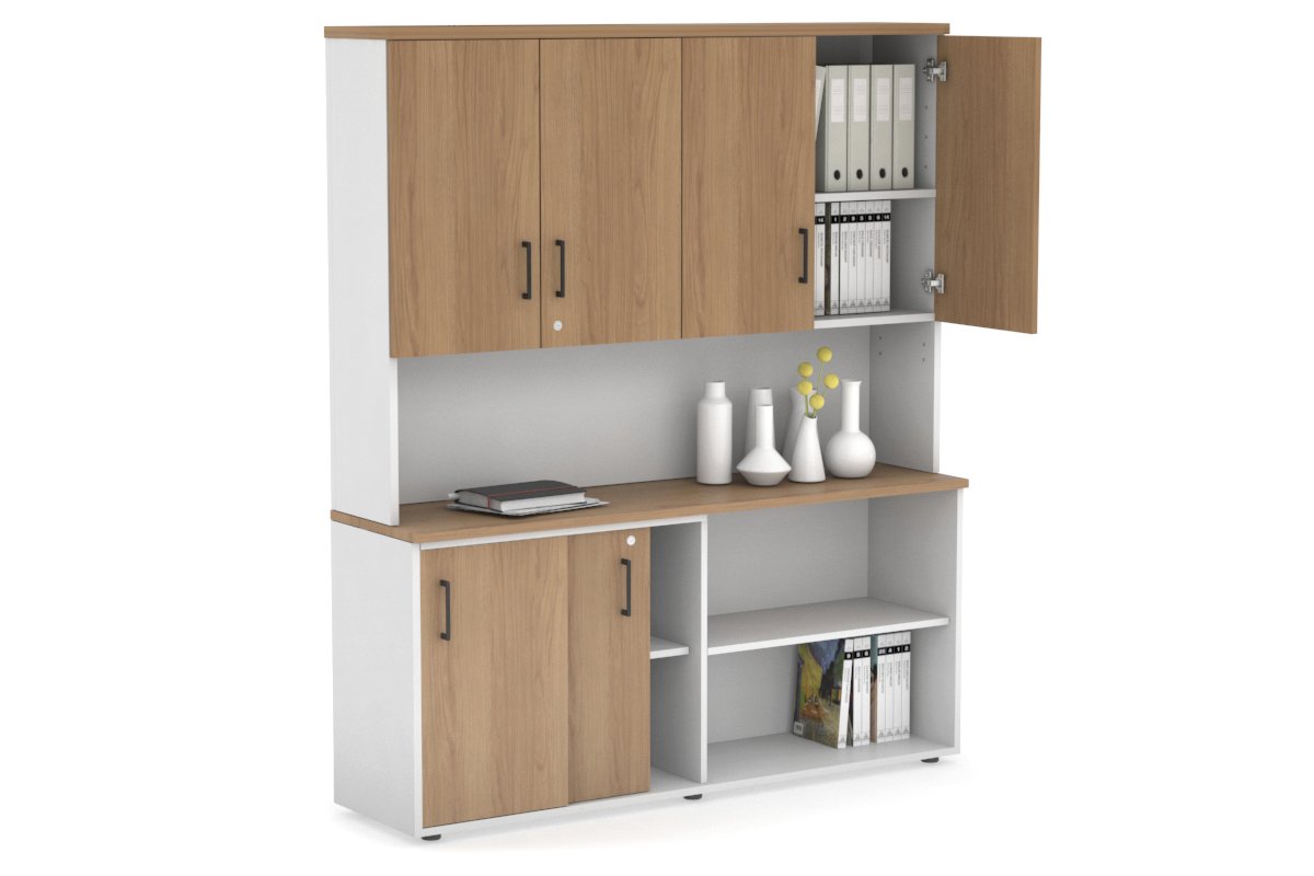 Uniform Sliding 2 Door Credenza and Open Storage Unit - Hutch with Doors-White salvage oak black handle