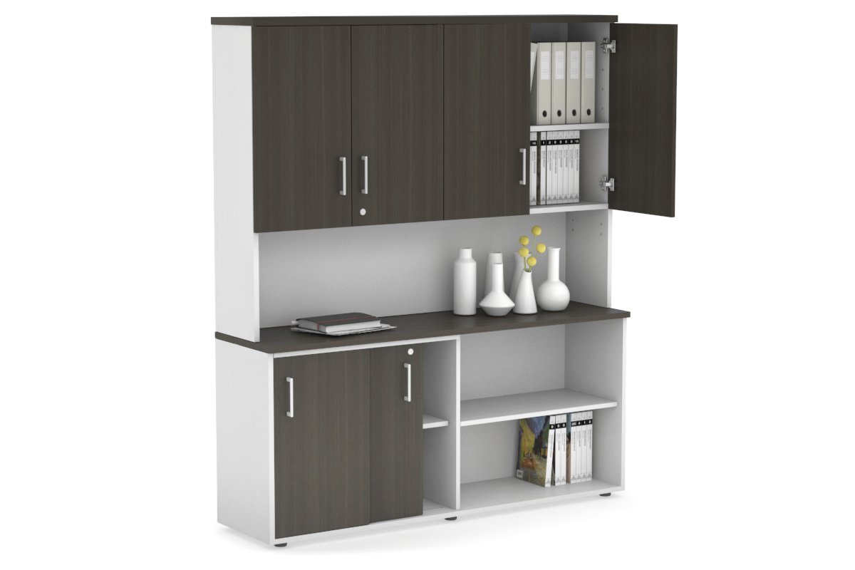 Uniform Sliding 2 Door Credenza and Open Storage Unit - Hutch with Doors-White dark oak white handle