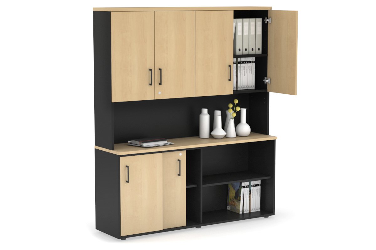 Uniform Sliding 2 Door Credenza and Open Storage Unit - Hutch with Doors-Black maple black handle