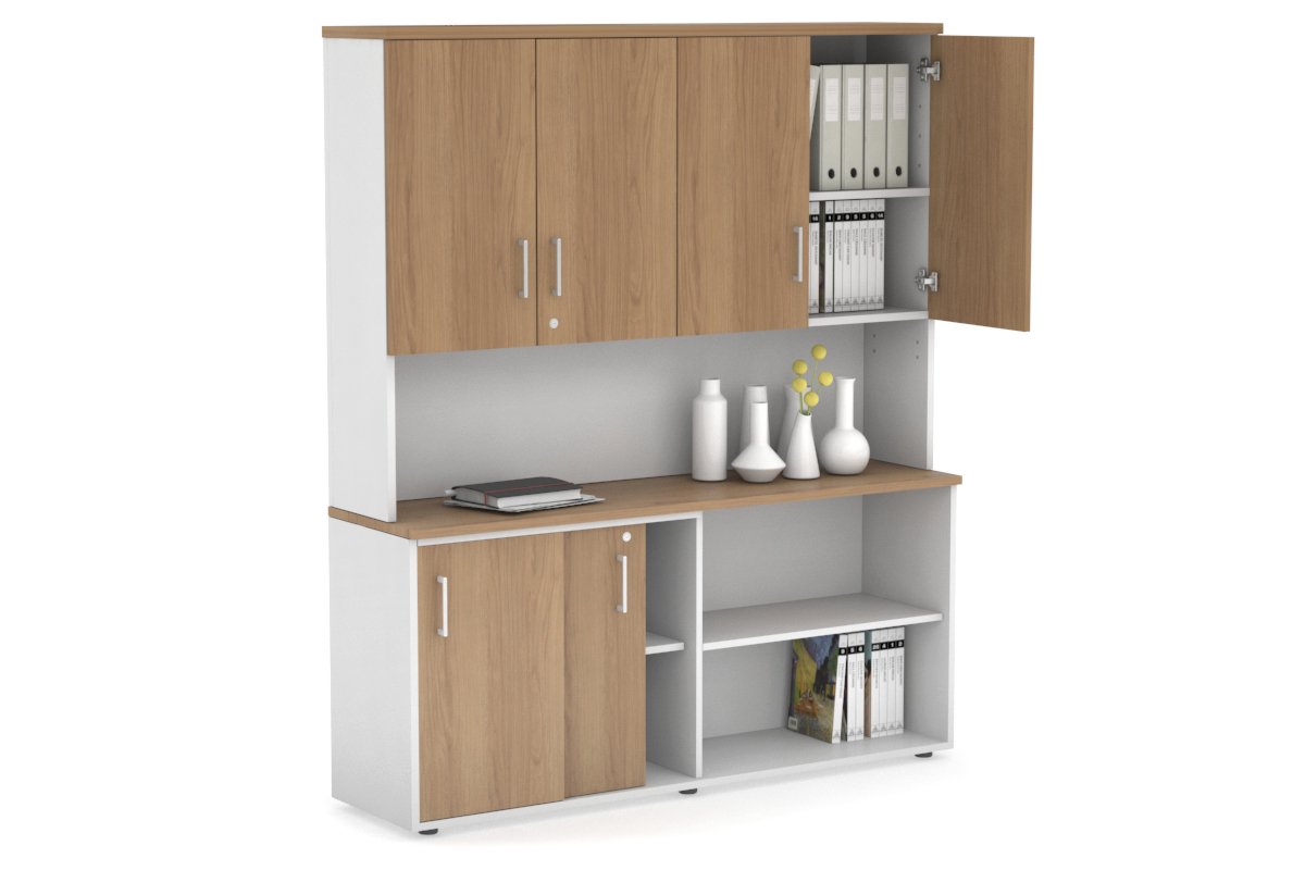 Uniform Sliding 2 Door Credenza and Open Storage Unit - Hutch with Doors-White salvage oak white handle