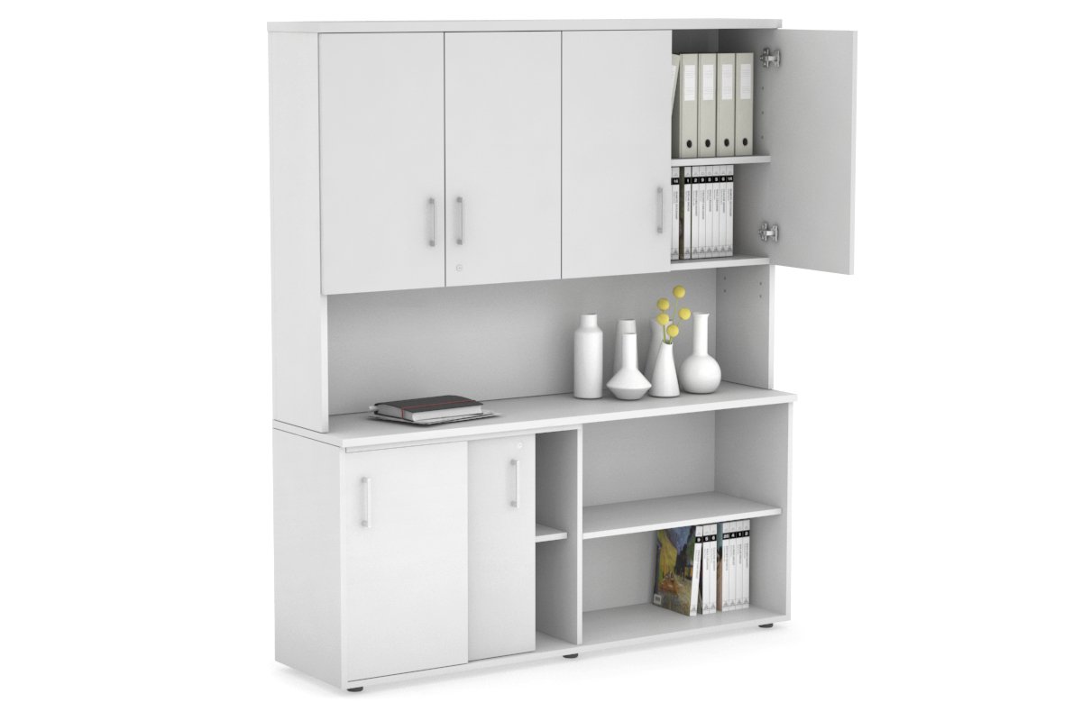 Uniform Sliding 2 Door Credenza and Open Storage Unit - Hutch with Doors-White white white handle