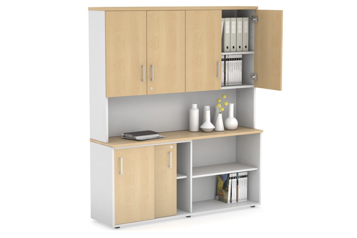 Uniform Sliding 2 Door Credenza and Open Storage Unit - Hutch with Doors-White maple white handle