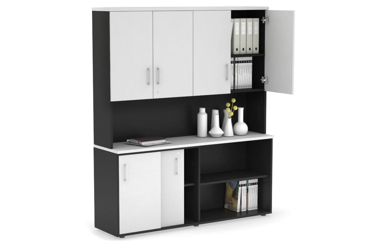 Uniform Sliding 2 Door Credenza and Open Storage Unit - Hutch with Doors-Black white white handle