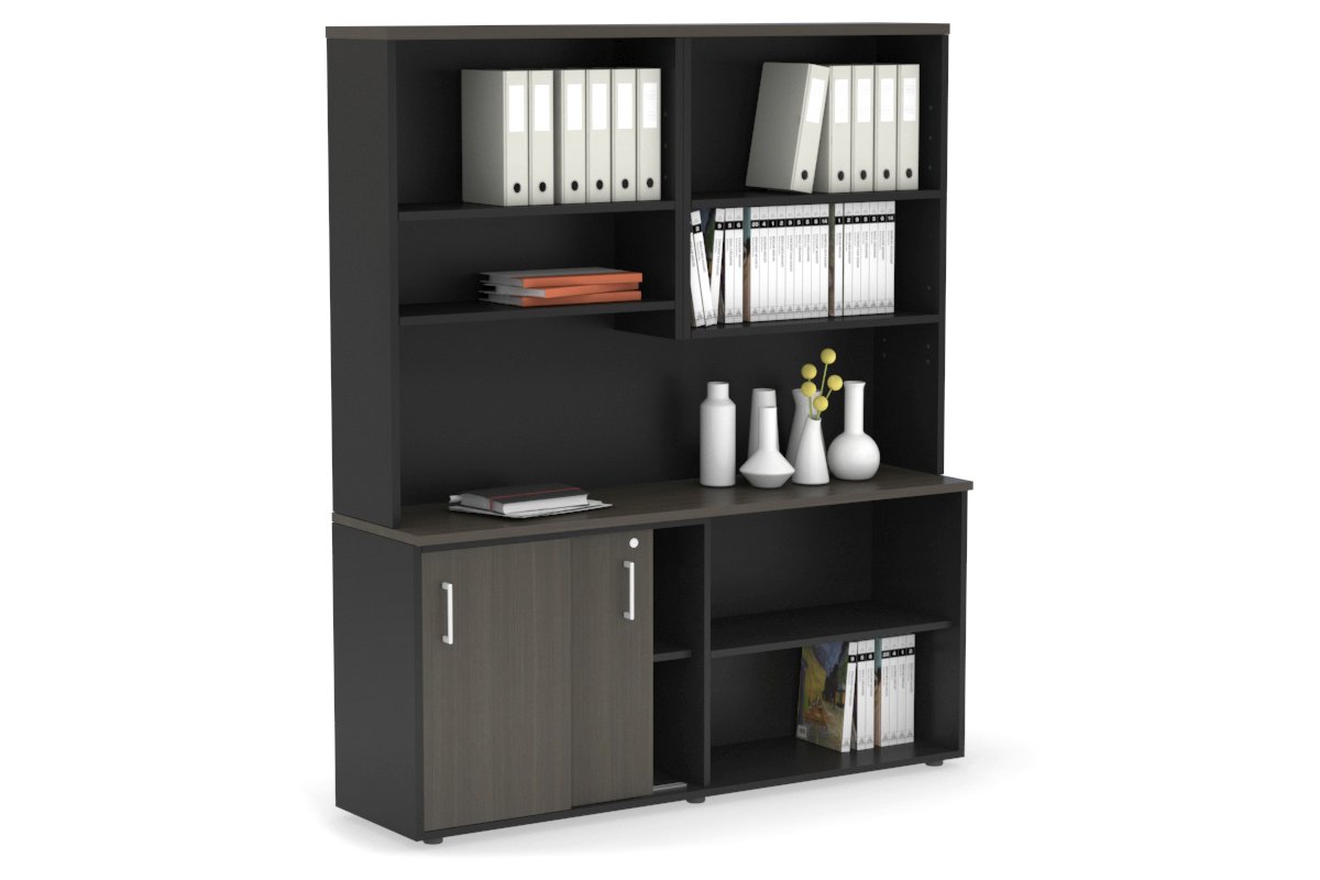 Uniform Sliding 2 Door Credenza and Open Storage Unit with Open Hutch-Black dark oak black handle
