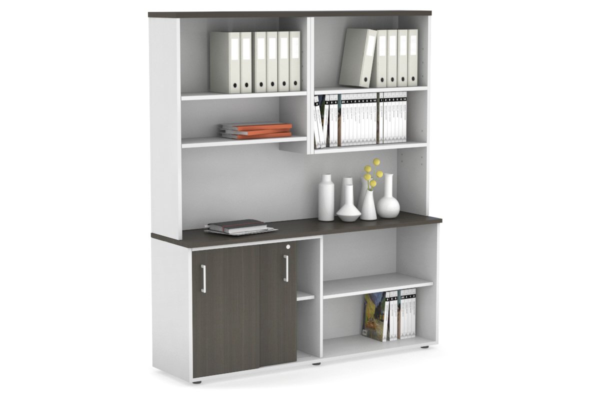 Uniform Sliding 2 Door Credenza and Open Storage Unit with Open Hutch-Black dark oak black handle