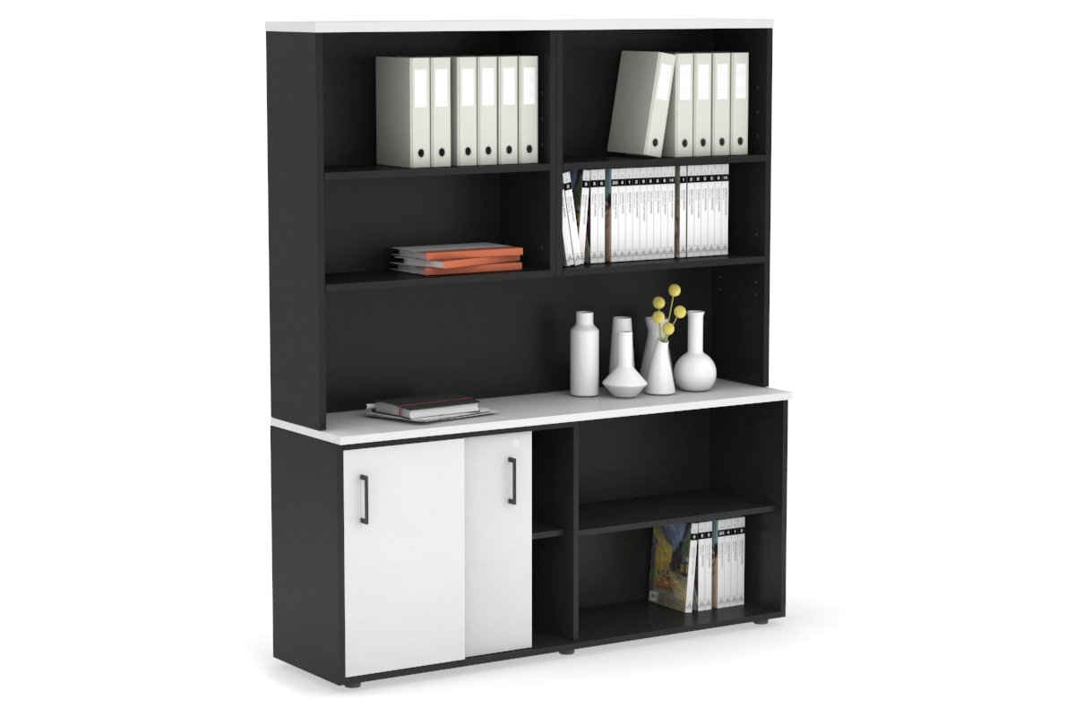 Uniform Sliding 2 Door Credenza and Open Storage Unit with Open Hutch-Black white black handle