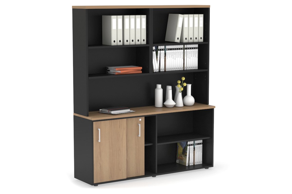 Uniform Sliding 2 Door Credenza and Open Storage Unit with Open Hutch-Black salvage oak white handle
