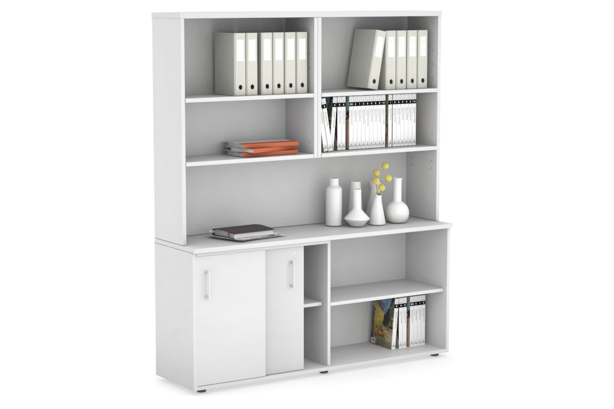 Uniform Sliding 2 Door Credenza and Open Storage Unit with Open Hutch-White white white handle