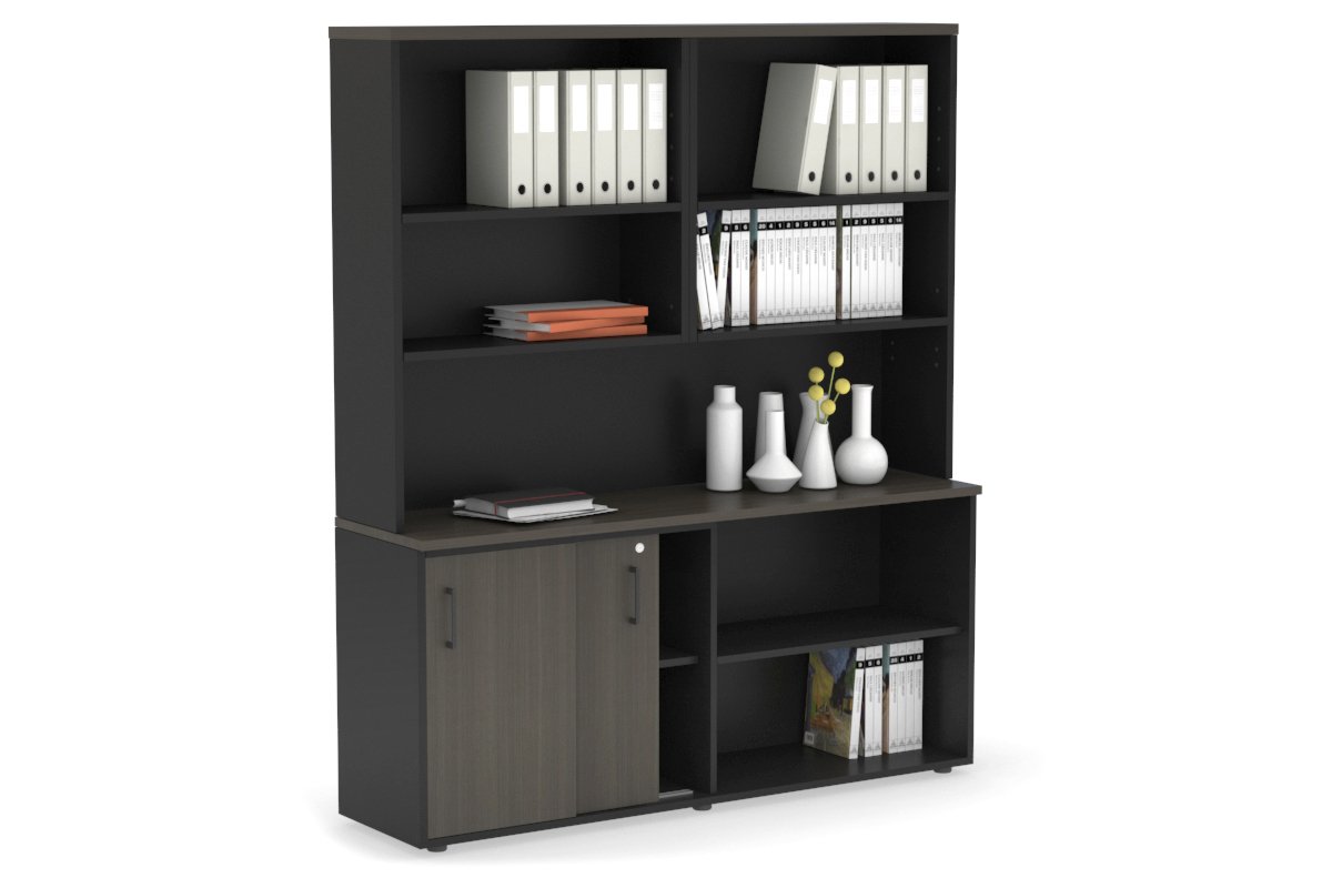 Uniform Sliding 2 Door Credenza and Open Storage Unit with Open Hutch-Black dark oak black handle