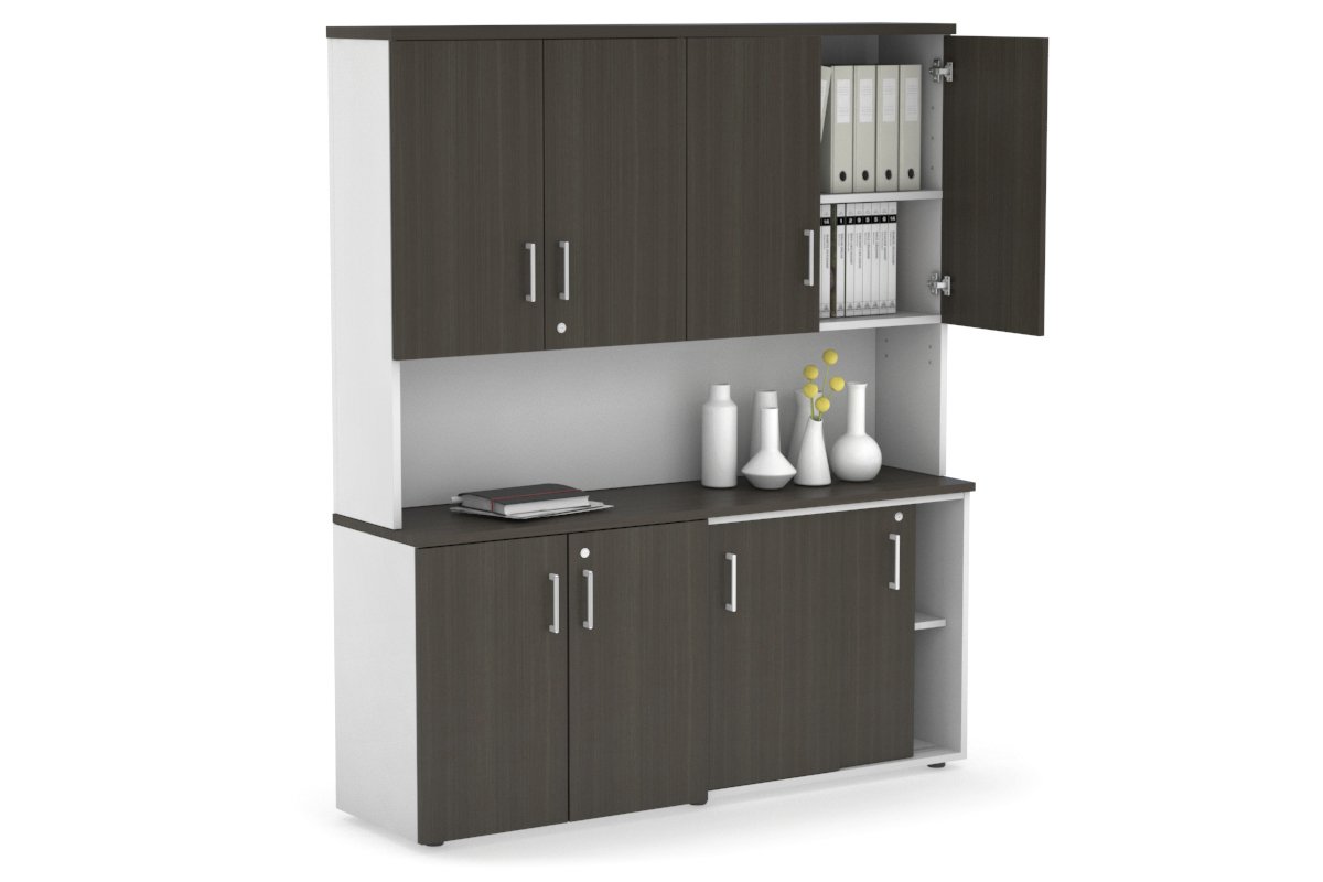Uniform Sliding 2 Door Credenza and Small 2 Door Cupboard Unit - Hutch with Doors-White dark oak white handle