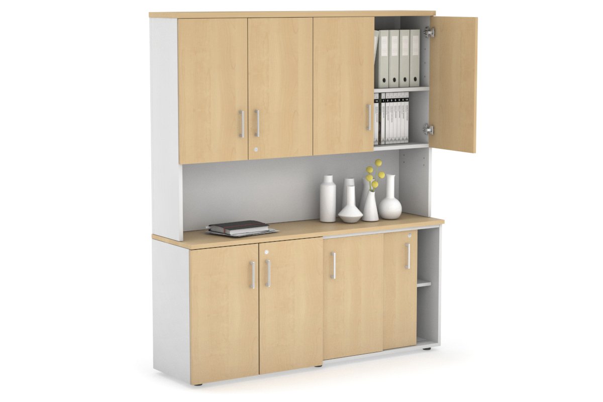 Uniform Sliding 2 Door Credenza and Small 2 Door Cupboard Unit - Hutch with Doors-White maple white handle